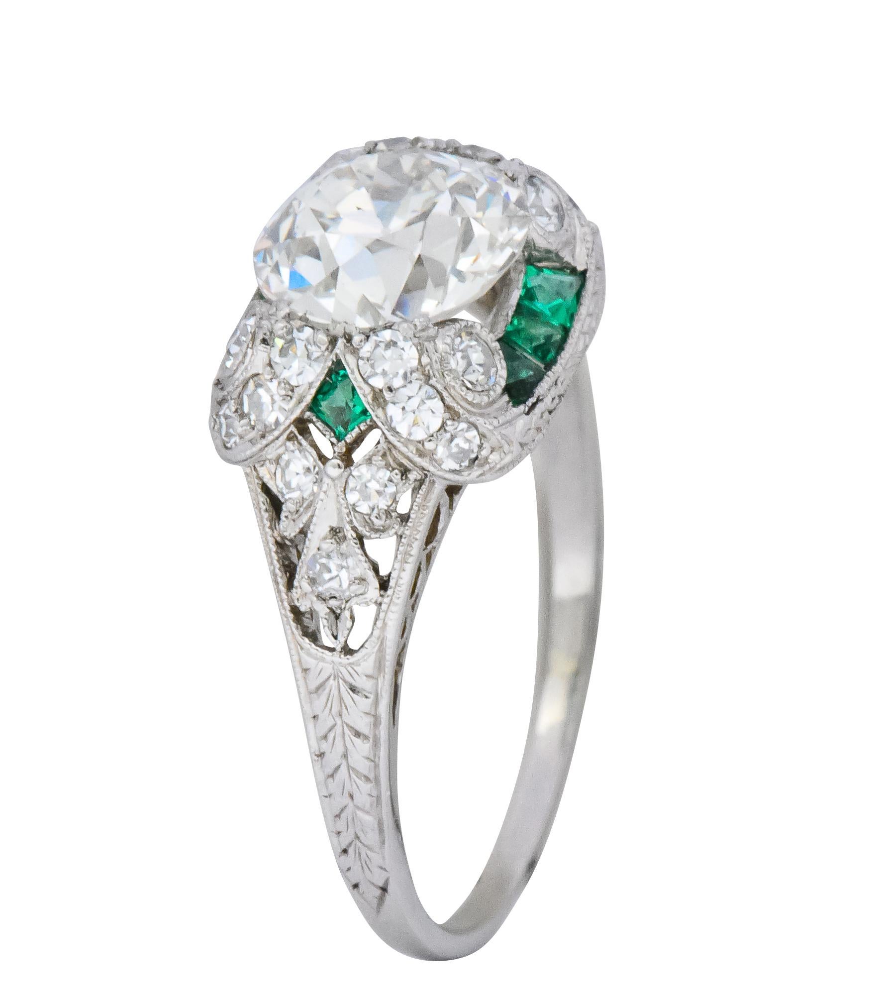 Edwardian 1.59 Carat Old European Diamond Emerald Platinum Engagement Ring GIA 4