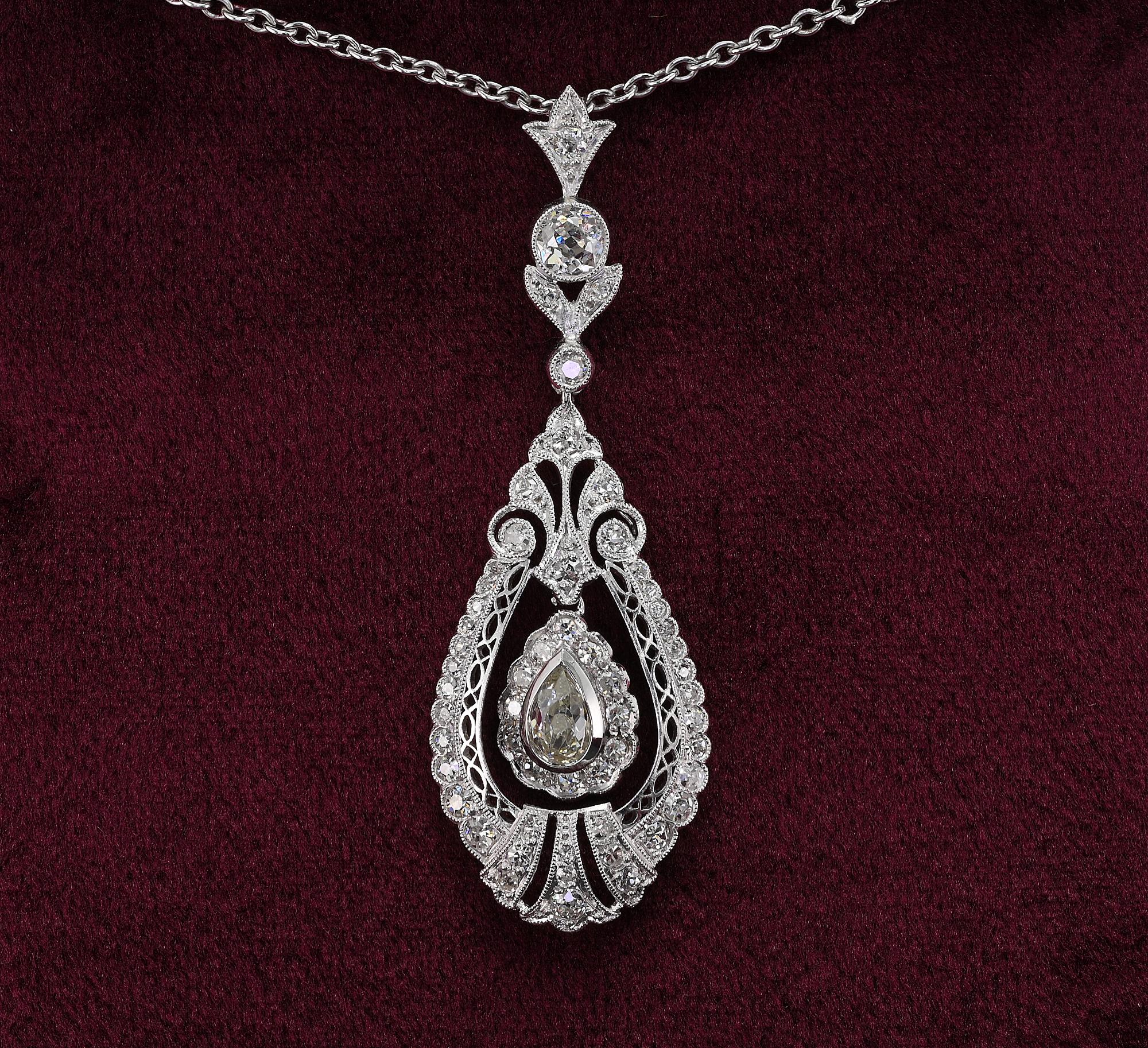 Pear Cut Edwardian 2.10 Ct Diamond 18 KT Pendant plus Chain For Sale