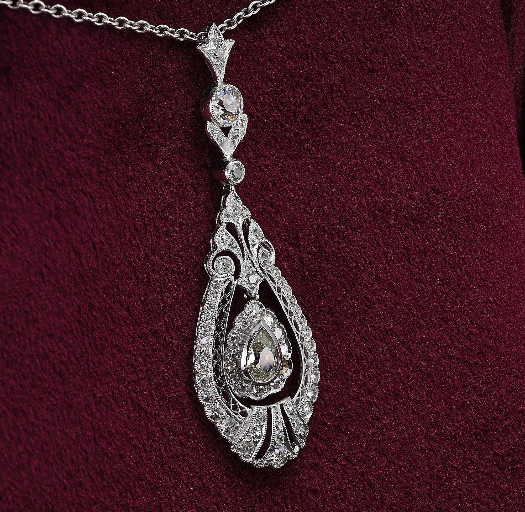 Women's or Men's Edwardian 2.10 Ct Diamond 18 KT Pendant plus Chain For Sale