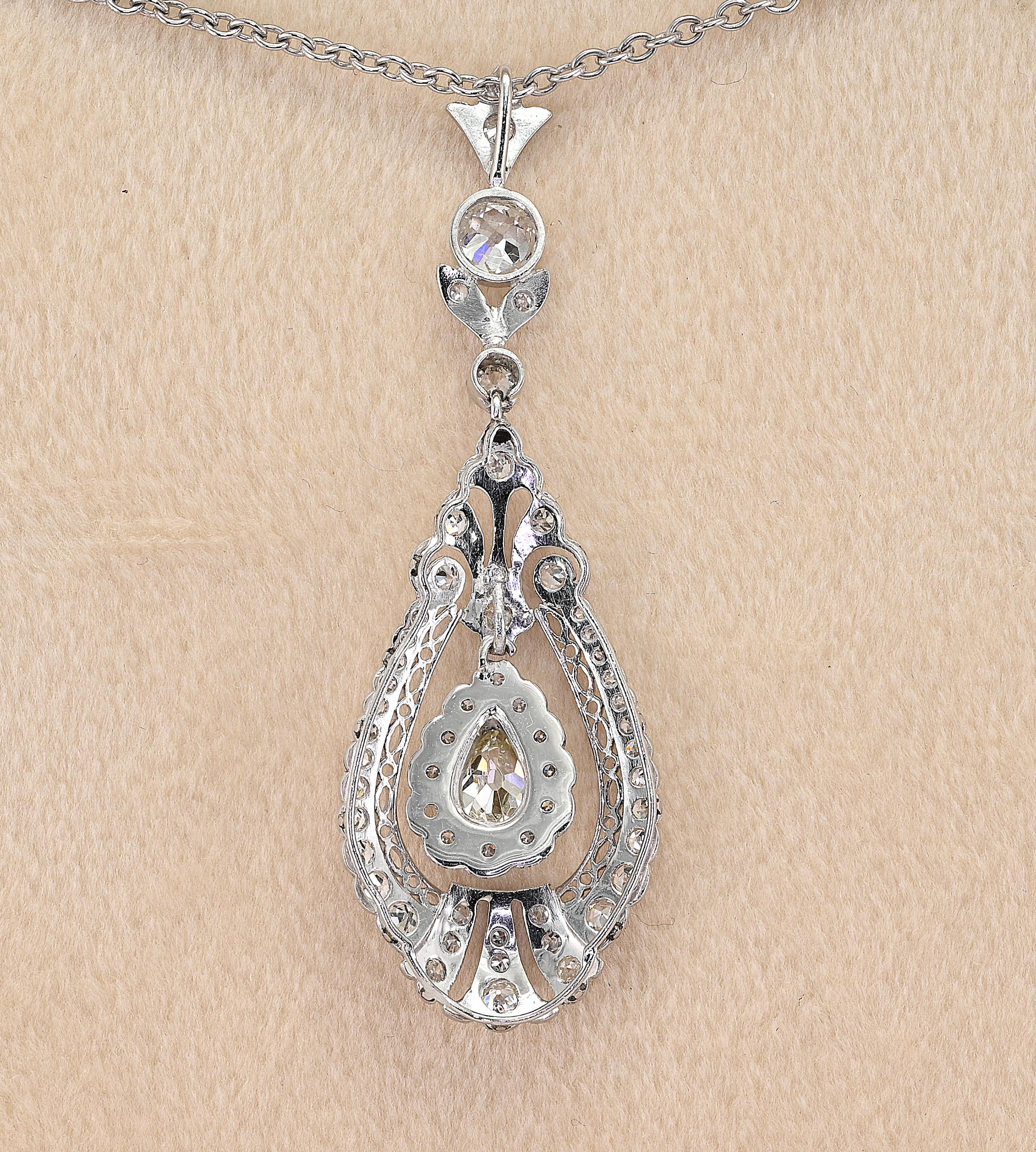 Edwardian 2.10 Ct Diamond 18 KT Pendant plus Chain For Sale 3