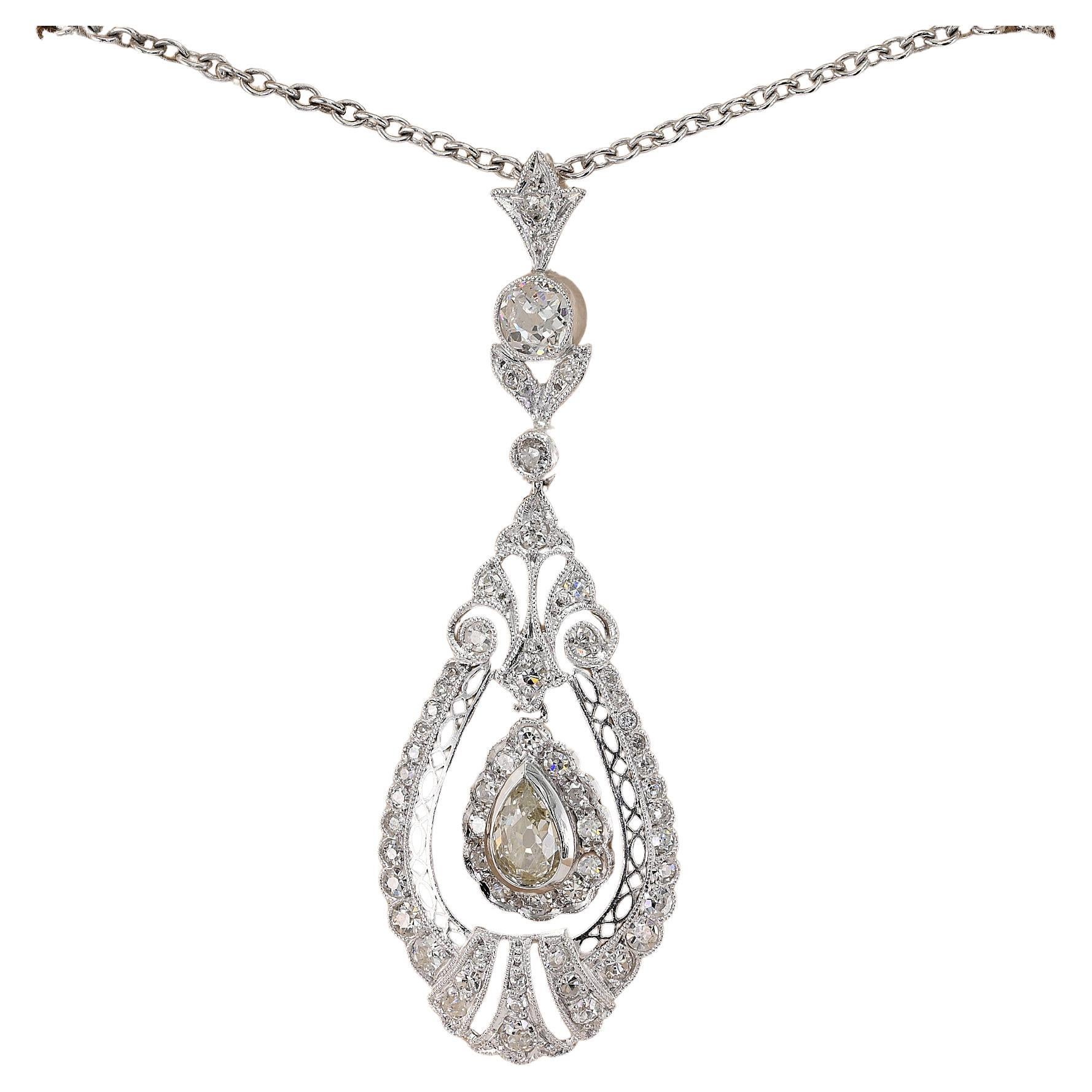 Edwardian 2.10 Ct Diamond 18 KT Pendant plus Chain For Sale