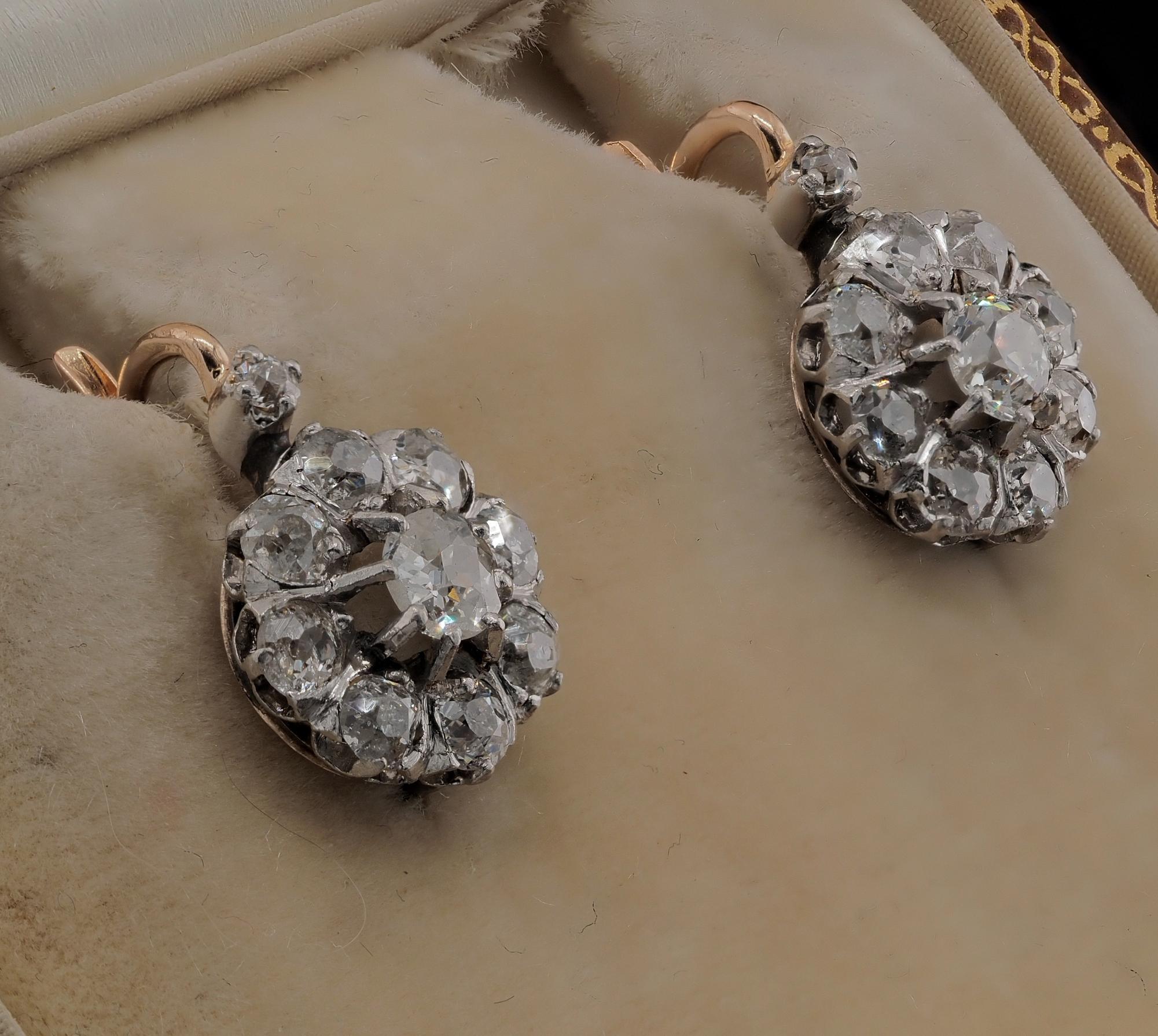 Edwardian 2.10 Ct Old Mine Cut Diamant Cluster Ohrringe im Zustand „Gut“ im Angebot in Napoli, IT