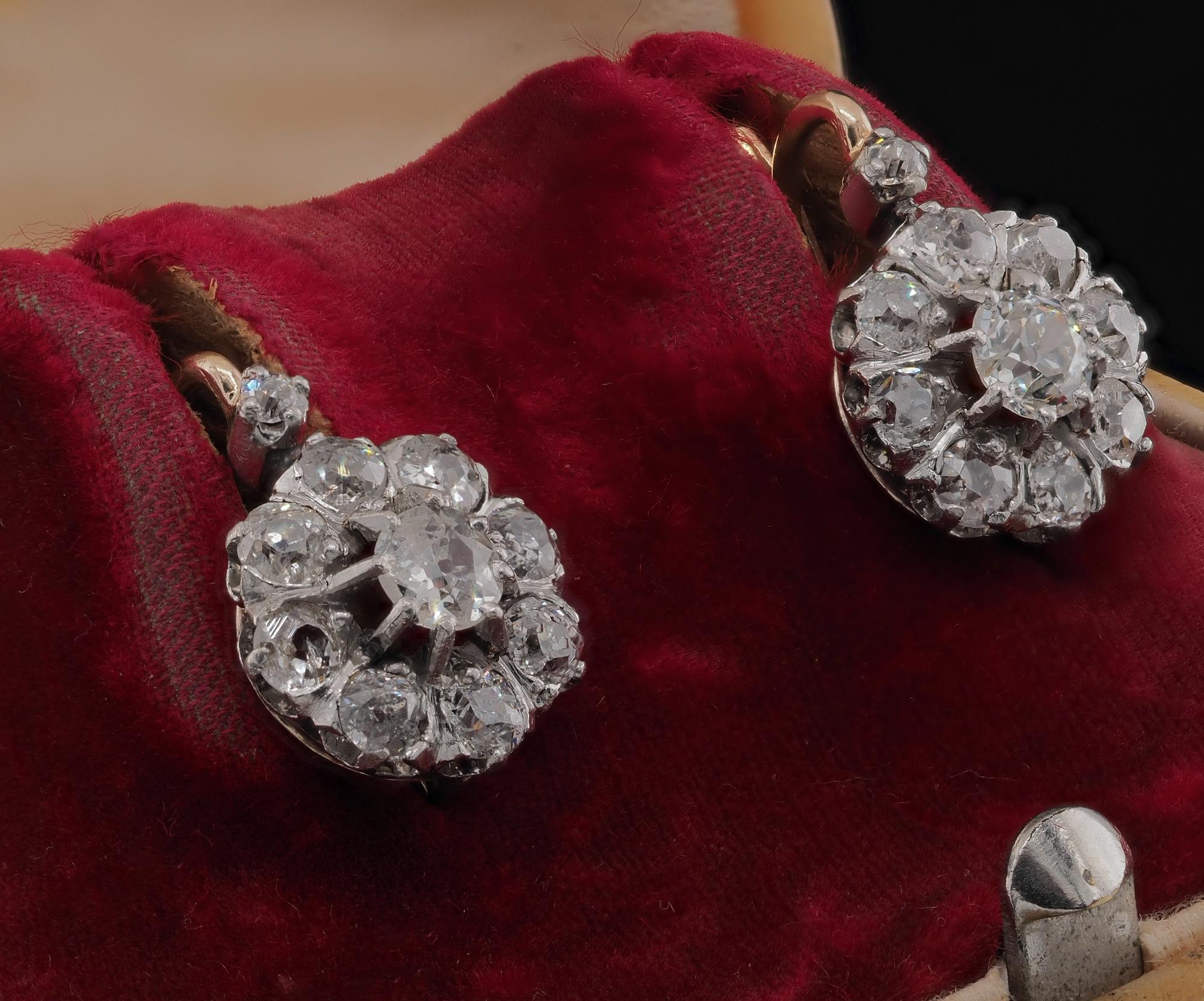 Edwardian 2.10 Ct Old Mine Cut Diamond Cluster Earrings For Sale 1