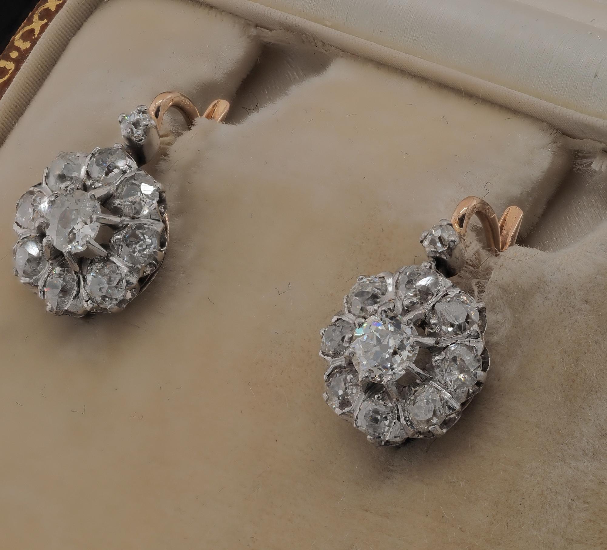 Edwardian 2.10 Ct Old Mine Cut Diamond Cluster Earrings For Sale 2