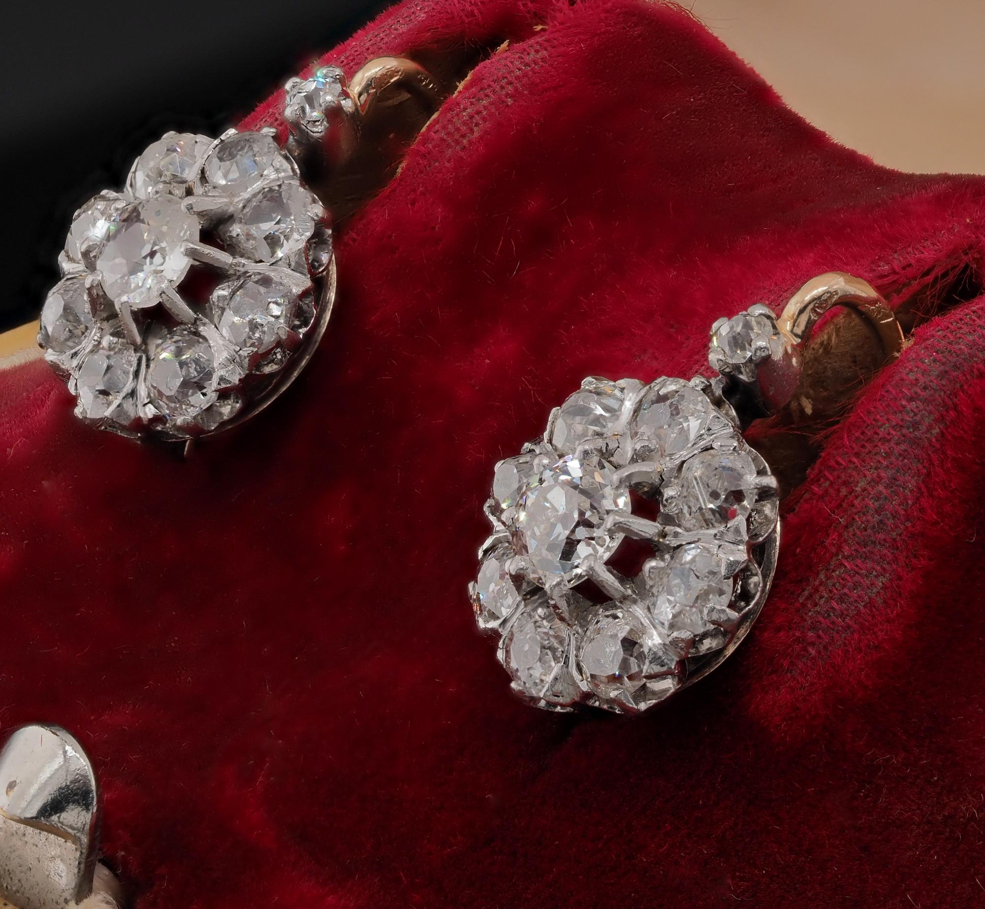 Edwardian 2.10 Ct Old Mine Cut Diamond Cluster Earrings For Sale 3