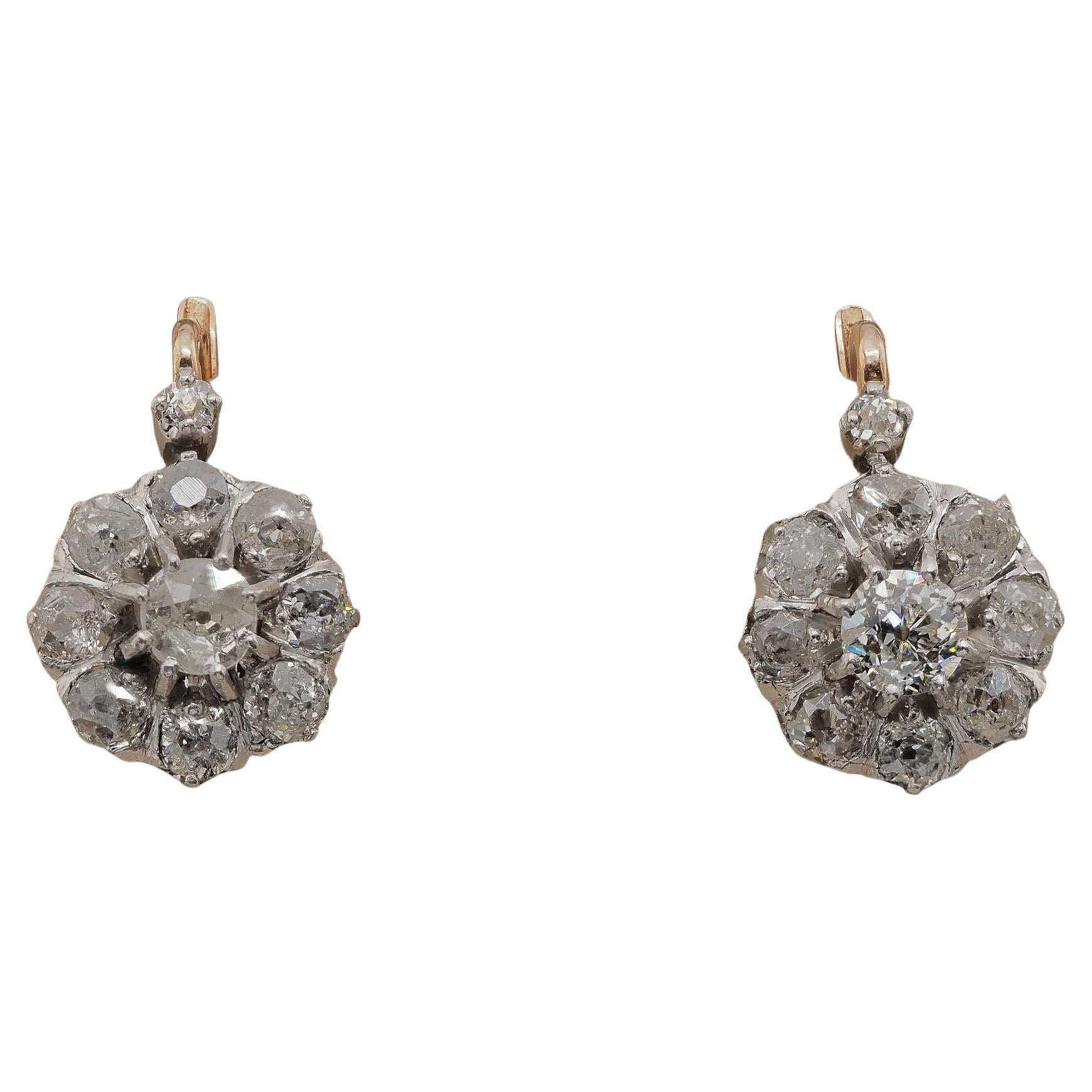 Edwardian 2.10 Ct Old Mine Cut Diamond Cluster Earrings For Sale