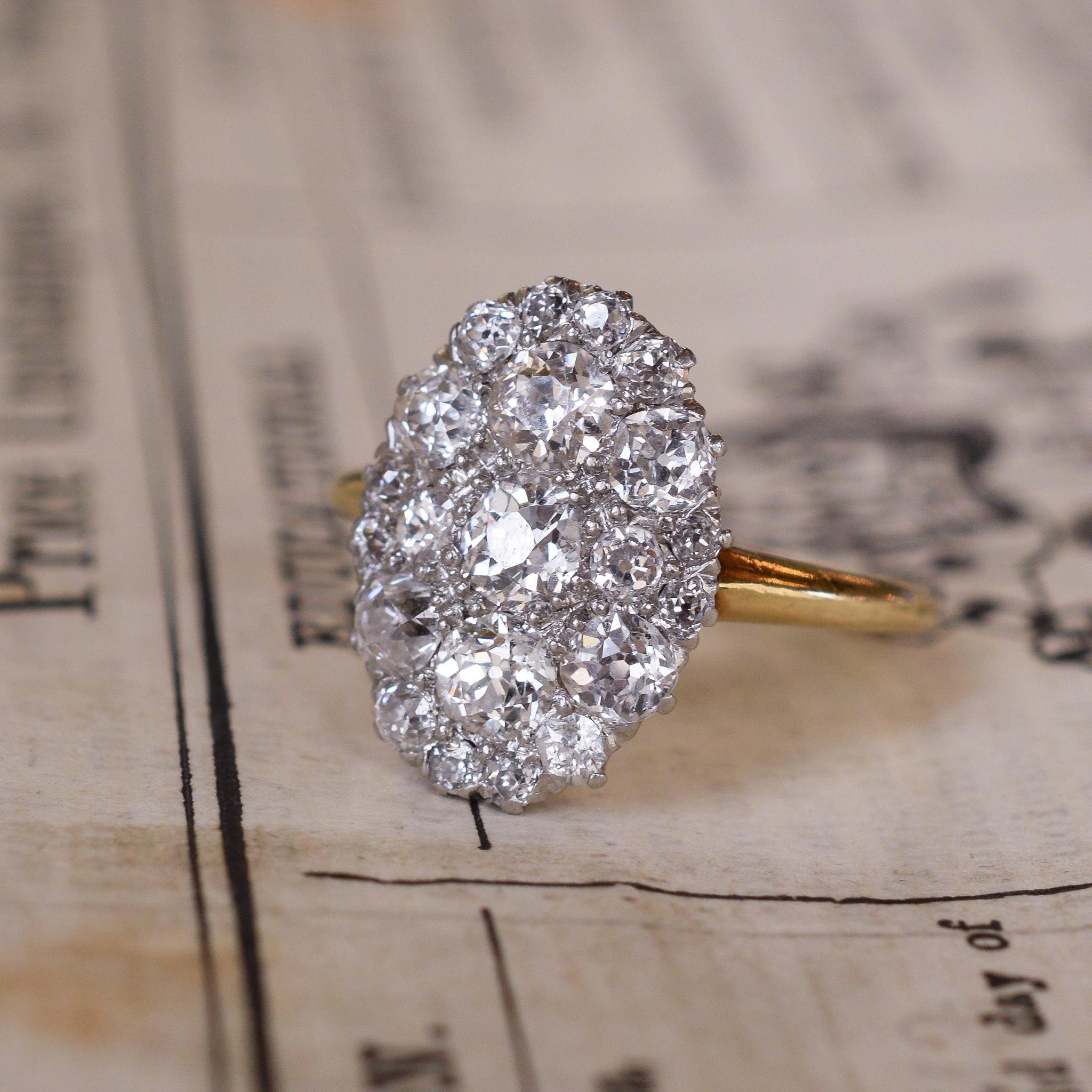 Edwardian 2.11 Carat Old Mine Cut Diamond Oval Cluster Ring In Excellent Condition In Sale, Cheshire