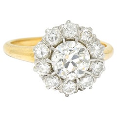 Edwardian 2.14 Carats Diamond Platinum 14 Karat Gold Cluster Engagement Ring