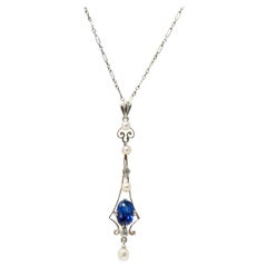 Edwardian 2.15 Carat No Heat Burma Sapphire Diamond Pearl Platinum Pendant AGL