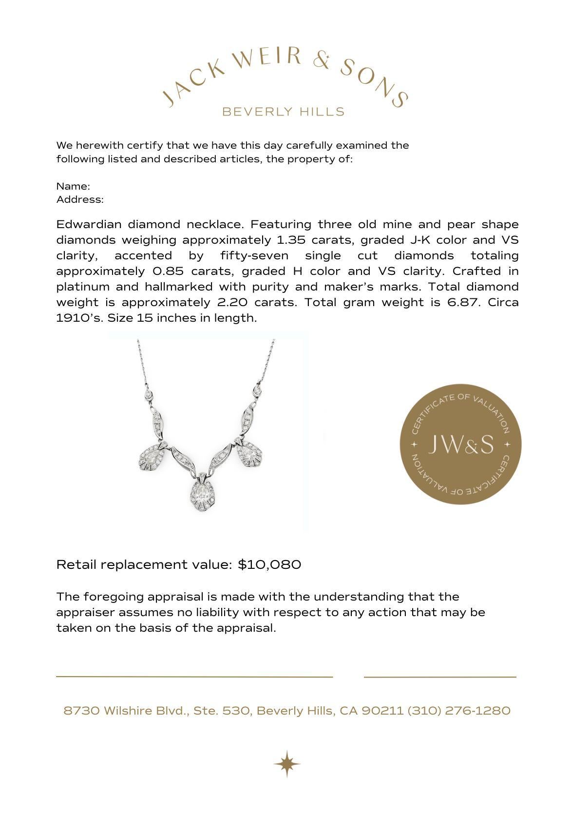 Collier édouardien en platine contenant des diamants d'un poids total de 2,20 carats en vente 1