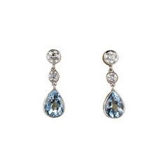 Antique Edwardian 2.20 Carat Natural Aquamarine .60 Carat Diamond Platinum Drop Earrings