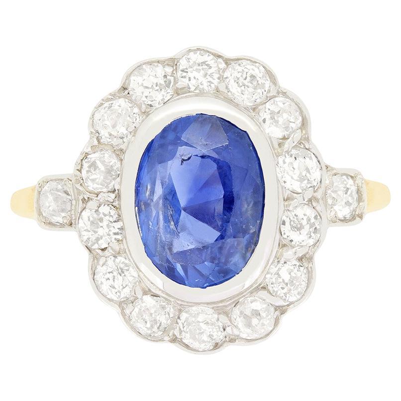 Edwardian 2.20ct Sapphire and Diamond Cluster Ring, c.1910s For Sale
