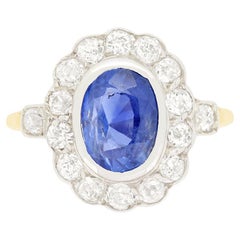 Antique Edwardian 2.20ct Sapphire and Diamond Cluster Ring, c.1910s