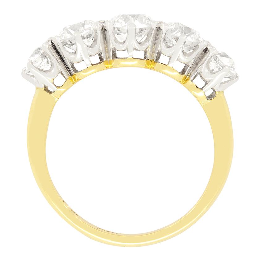 Edwardian Diamond Five Stone Ring claw set centre 0.65ct with x2 0.50cts and x2 0.30cts at end   Sparkling in this 18ct yellow gold and platinum  ring are five old cut diamonds. In the centre sits the largest diamond weighing 0.65 carat, followed by