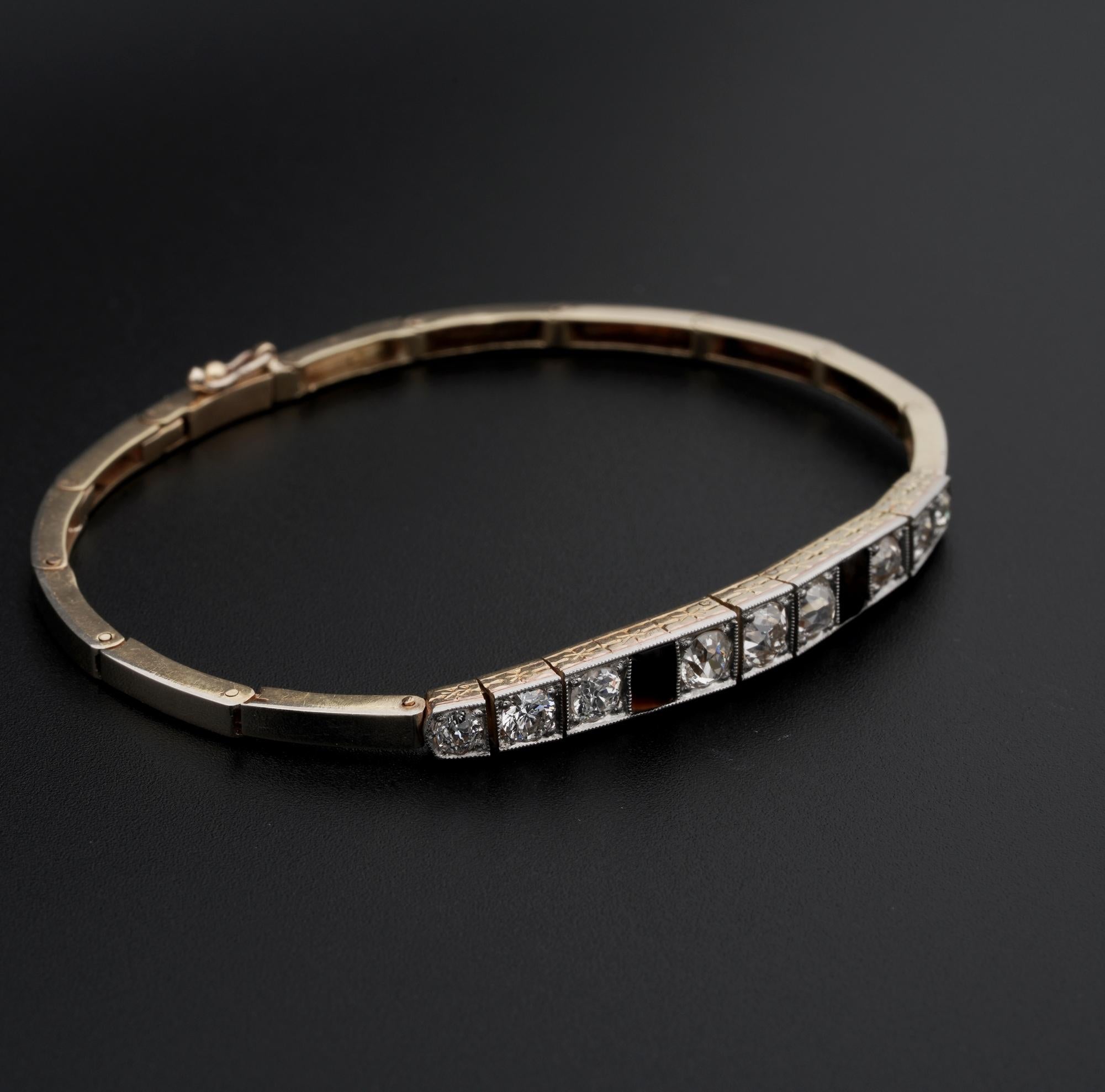 Old European Cut Edwardian 2.30 Carat Diamond Onyx Line Bracelet 18 Karat/Platinum For Sale