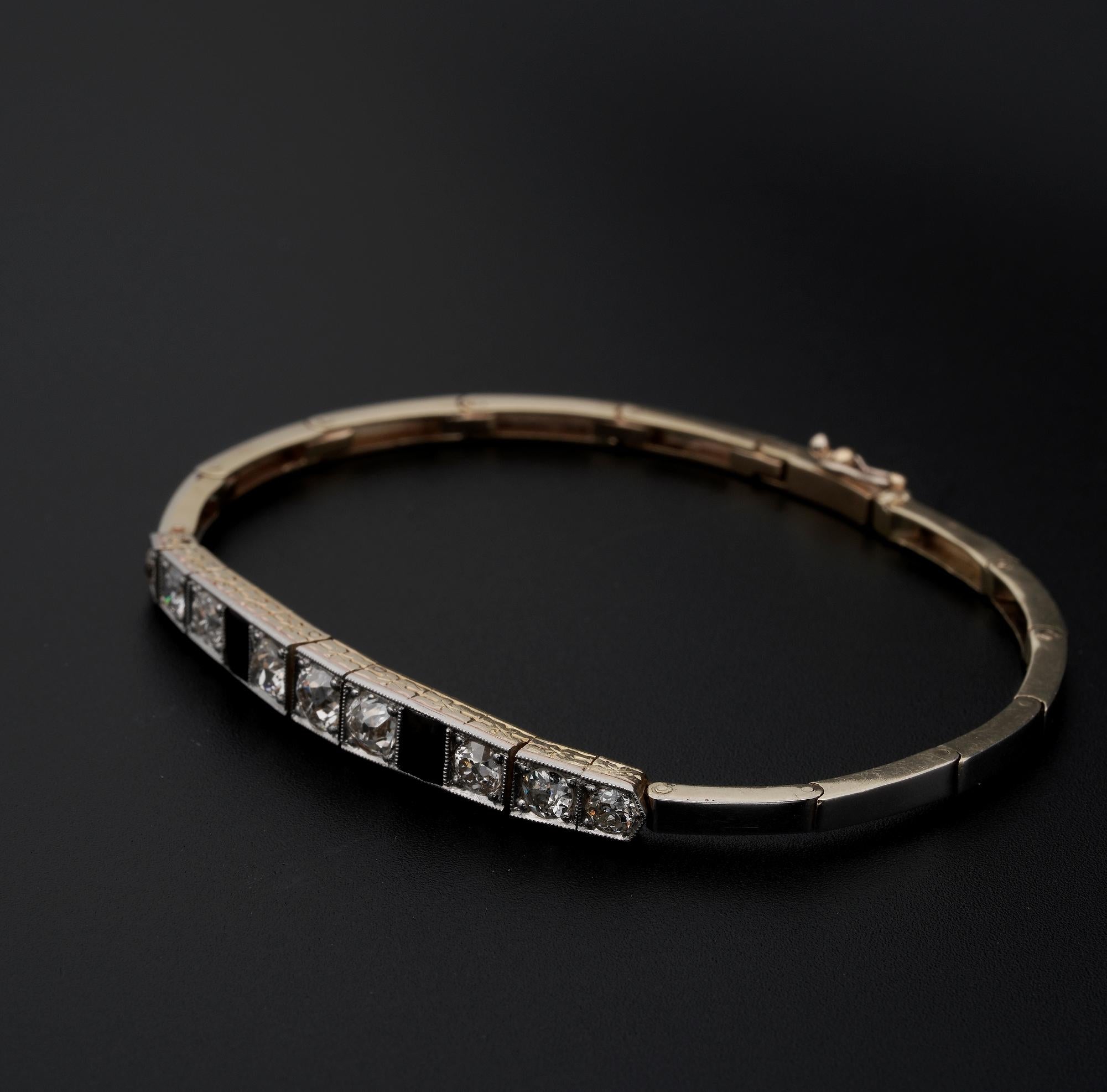 Edwardian 2.30 Carat Diamond Onyx Line Bracelet 18 Karat/Platinum In Good Condition For Sale In Napoli, IT