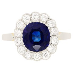 Edwardian 2.30ct Sapphire and Diamond Cluster Ring, c.1910s