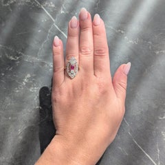 Edwardian 2.32 CTW Ruby Diamond 18K Two-Tone Gold Antique Navette Dinner Ring