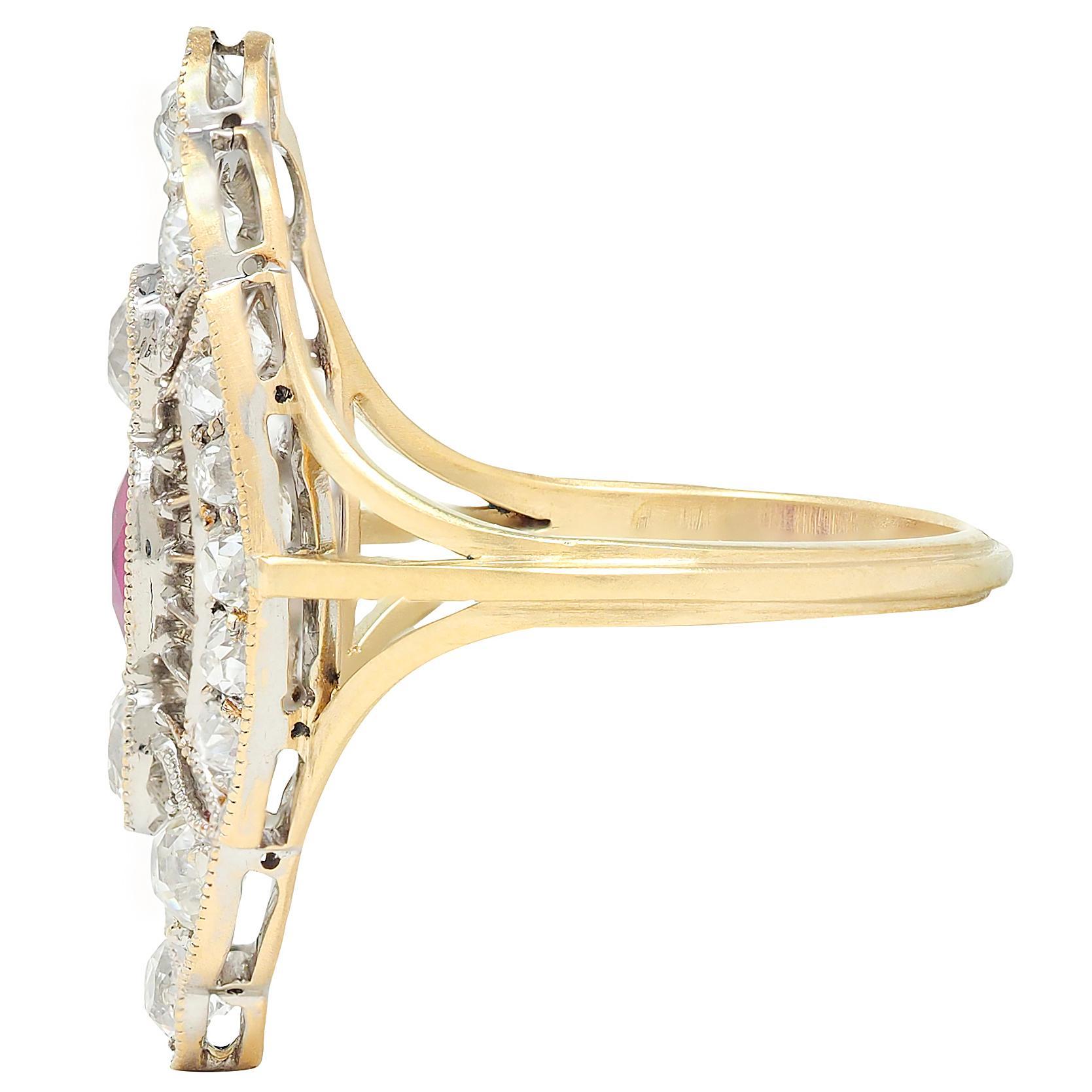 Donna Anello da cena edoardiano con diamante e rubino da 2,32 CTW in oro bicolore 18 carati con navetta antica in vendita