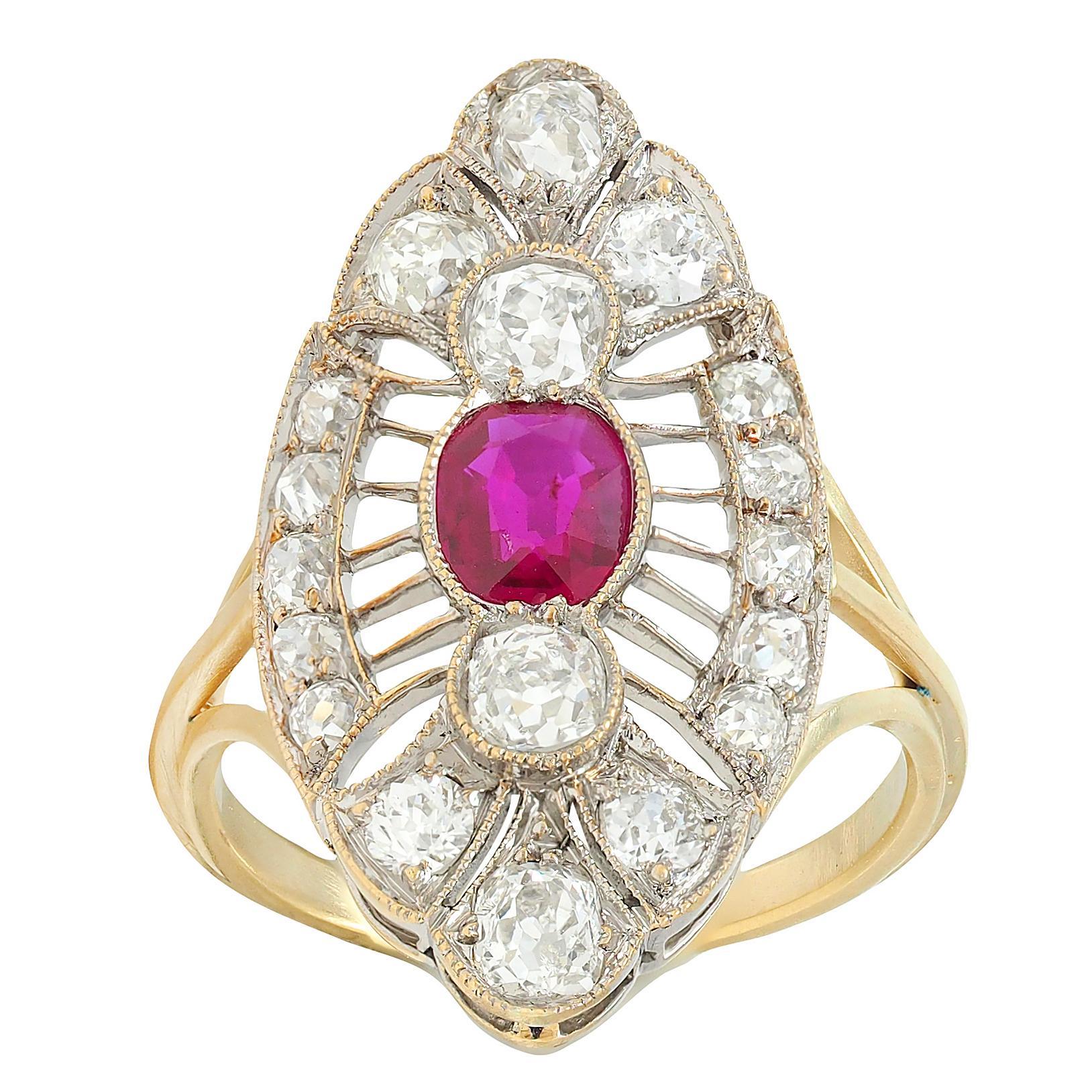 Anello da cena edoardiano con diamante e rubino da 2,32 CTW in oro bicolore 18 carati con navetta antica in vendita 2