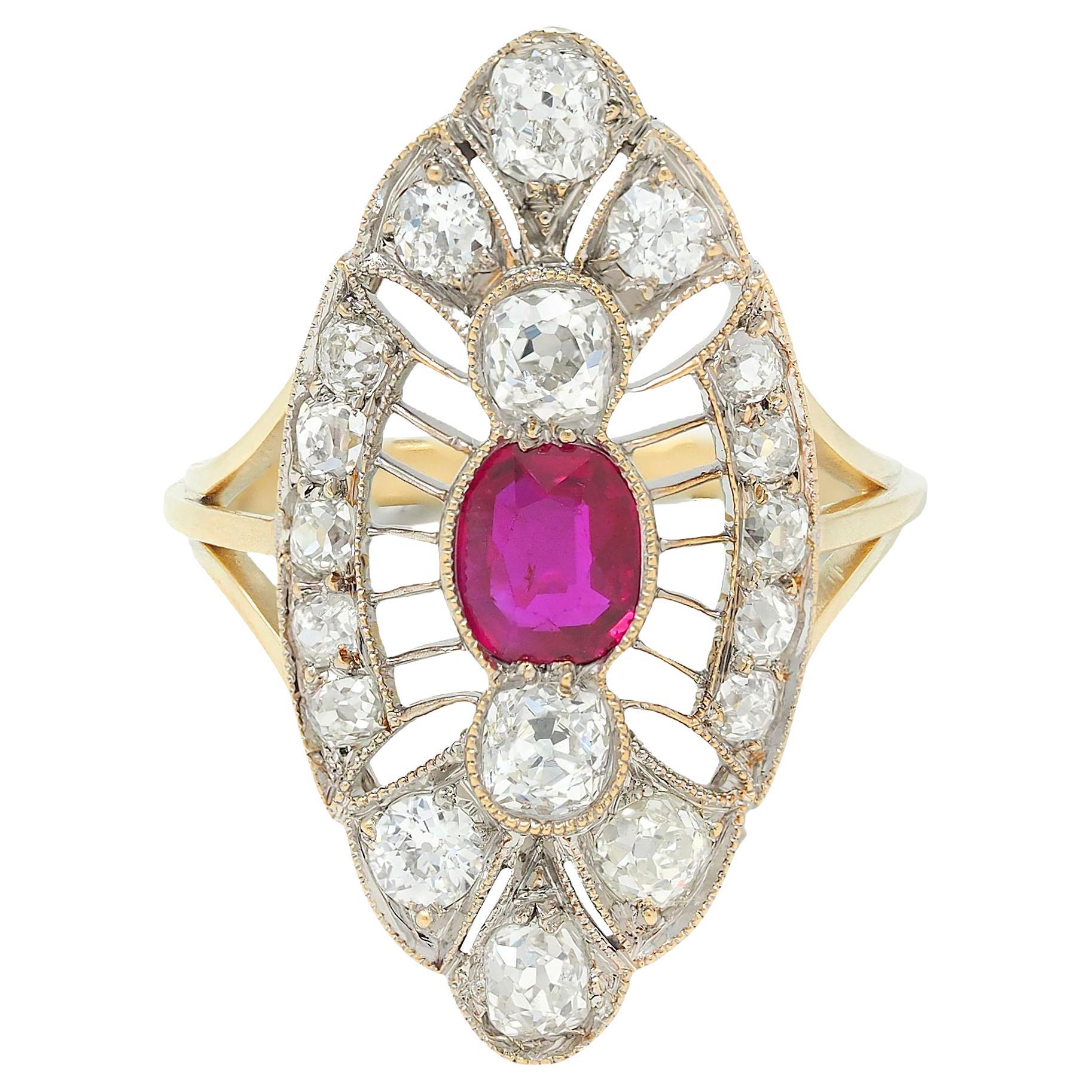 Edwardian 2.32 CTW Ruby Diamond 18K Two-Tone Gold Antique Navette Dinner Ring