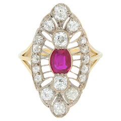 Edwardian 2.32 CTW Ruby Diamond 18K Two-Tone Gold Antique Navette Dinner Ring