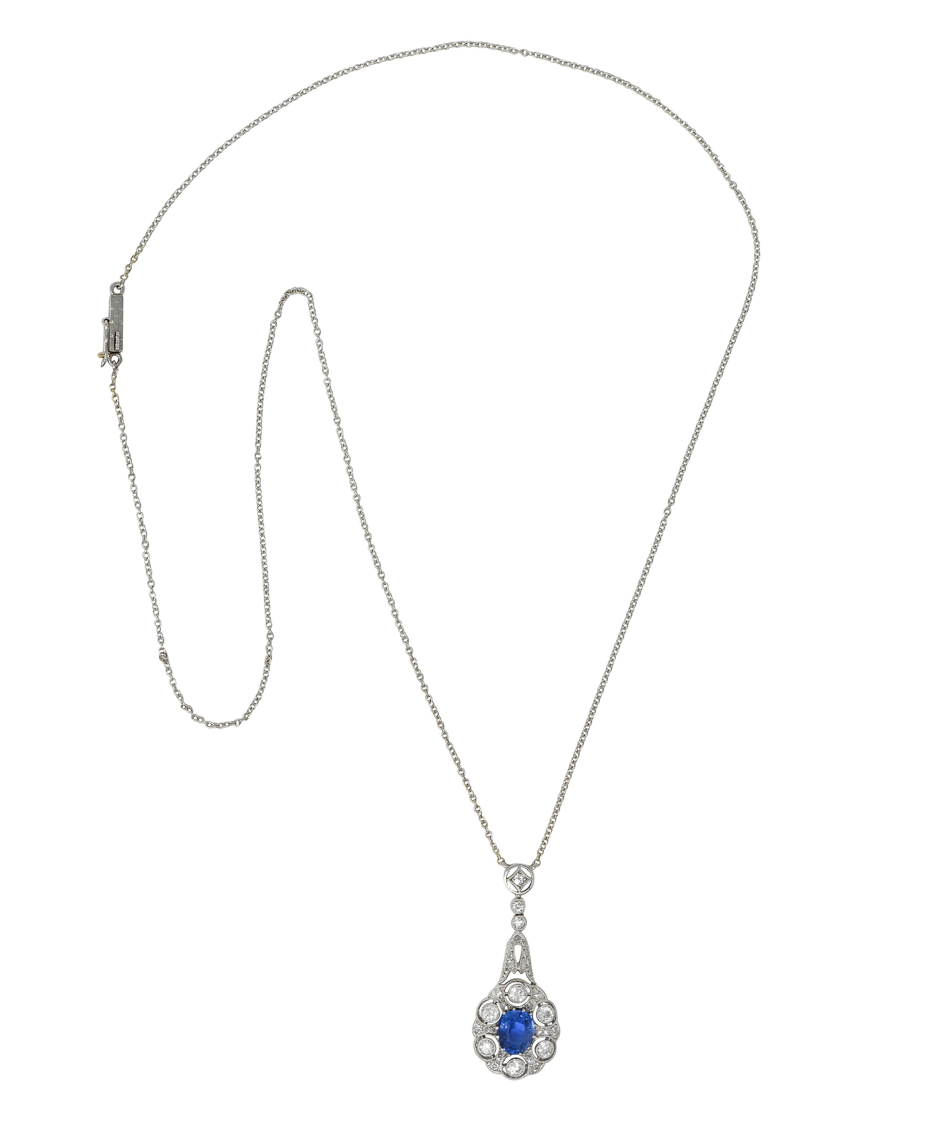 Edwardian 2,33 CTW keine Hitze Burma Saphir Diamant Platin Antik Tropfen Halskette (Alteuropäischer Schliff) im Angebot
