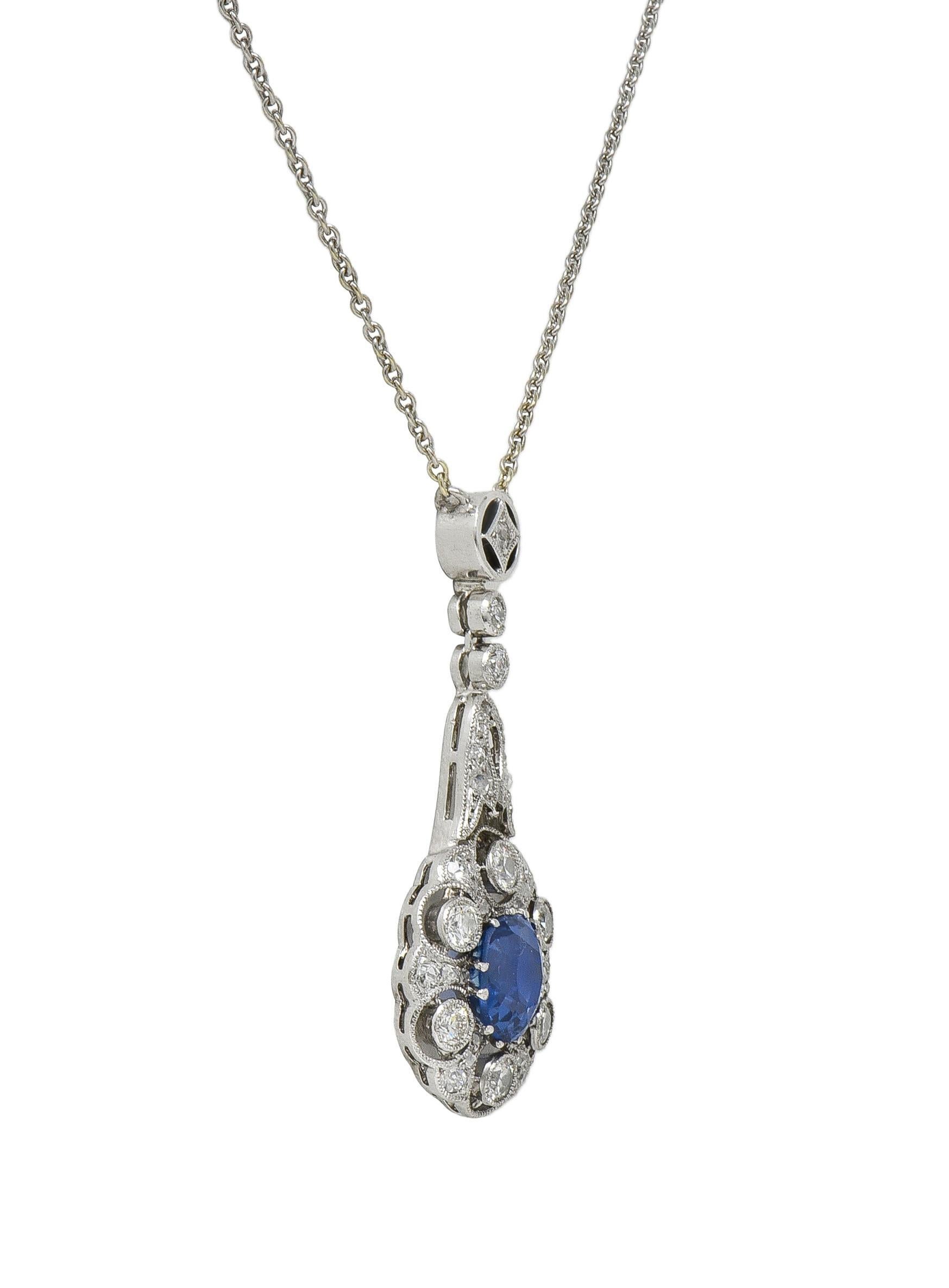 Edwardian 2,33 CTW keine Hitze Burma Saphir Diamant Platin Antik Tropfen Halskette im Angebot 1