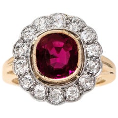 Edwardian 2.35 Carat Burma Ruby and Diamond Platinum Topped Cluster Ring