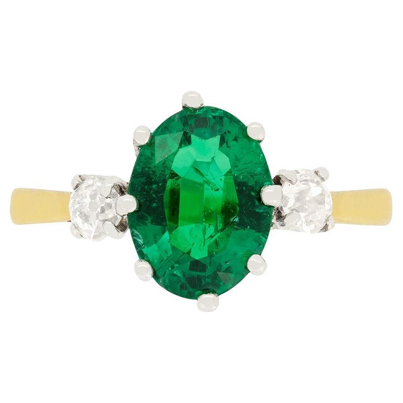 Edwardian 2.35ct Emerald and Diamond Three Stone Ring, c.1910s For Sale