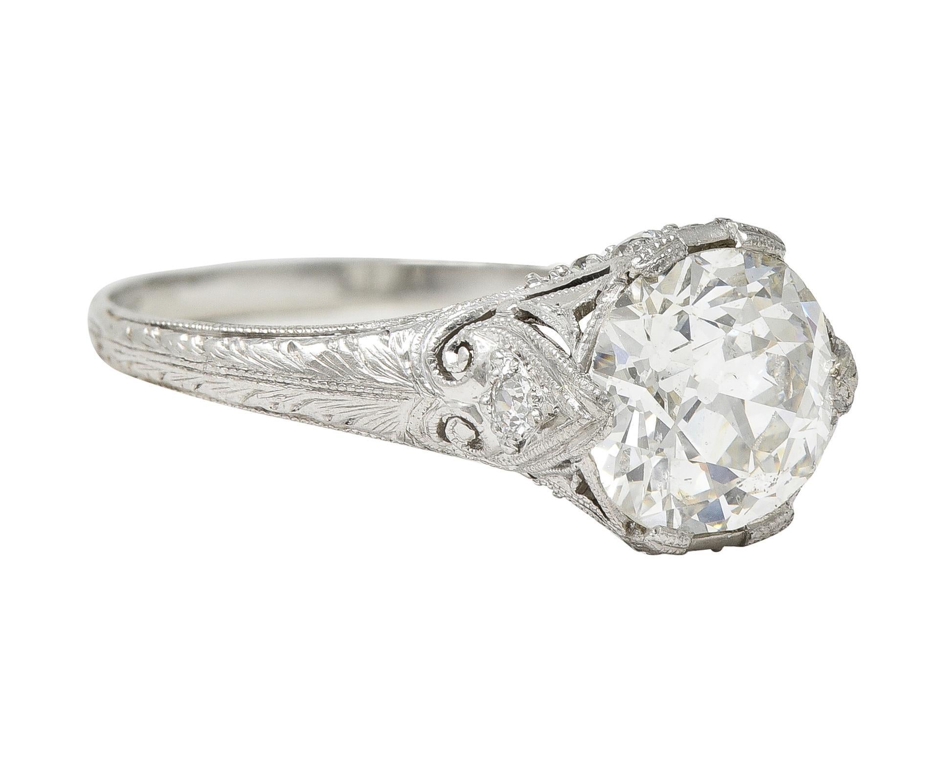 Edwardian 2.36 CTW Old European Cut Diamond Platinum Antique Engagement Ring In Excellent Condition For Sale In Philadelphia, PA