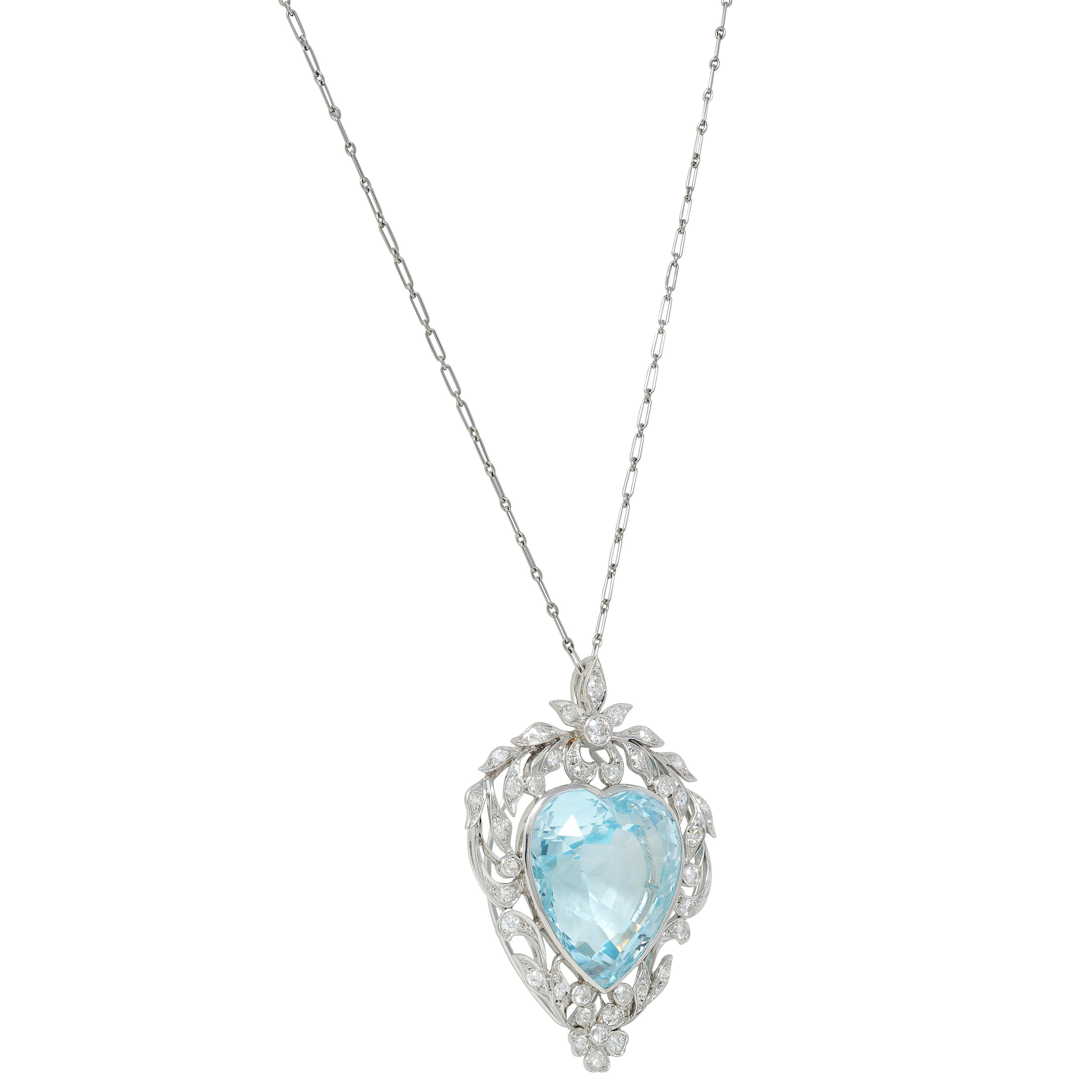 Cuore Collana con ciondolo a cuore antico in platino con diamante e acquamarina da 23,70 CTW Edwardian in vendita