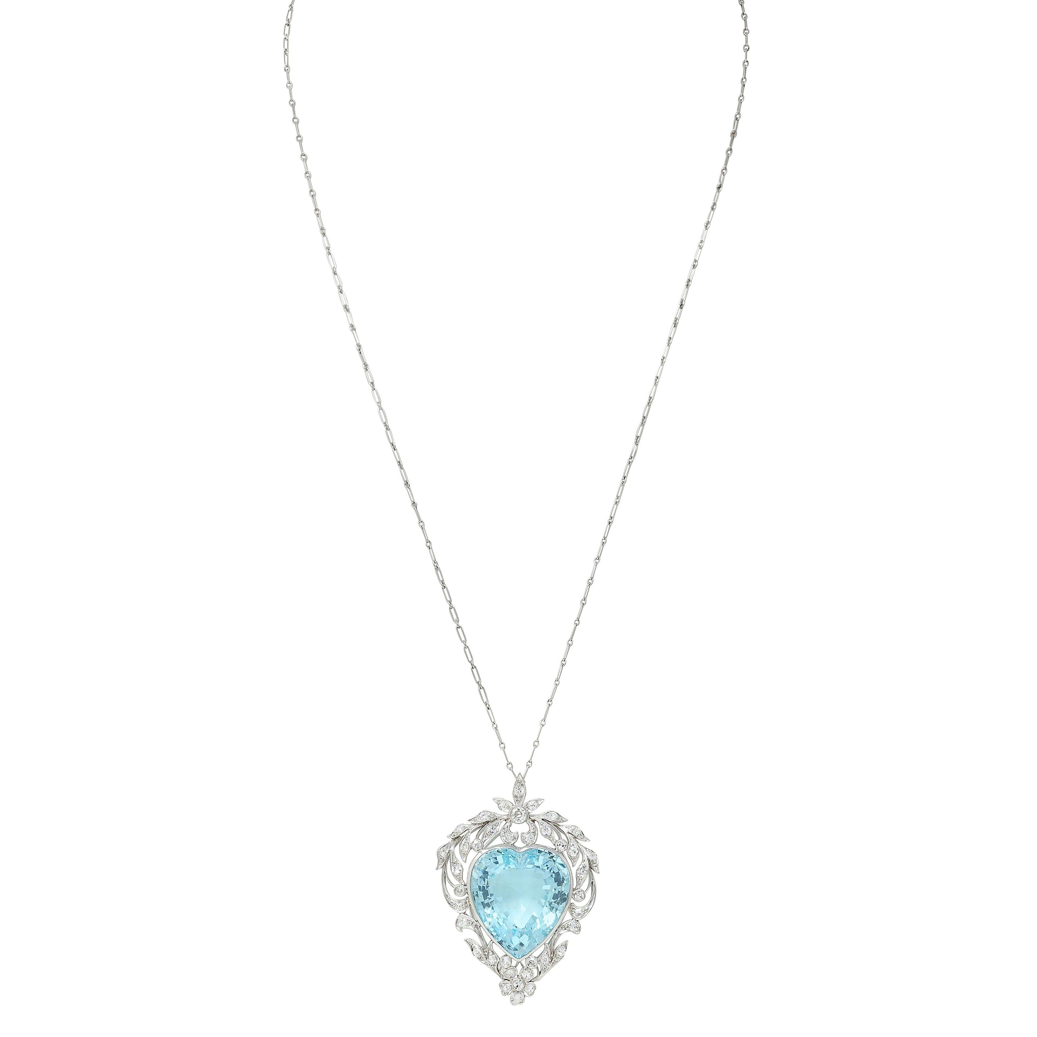 Collana con ciondolo a cuore antico in platino con diamante e acquamarina da 23,70 CTW Edwardian in vendita 1