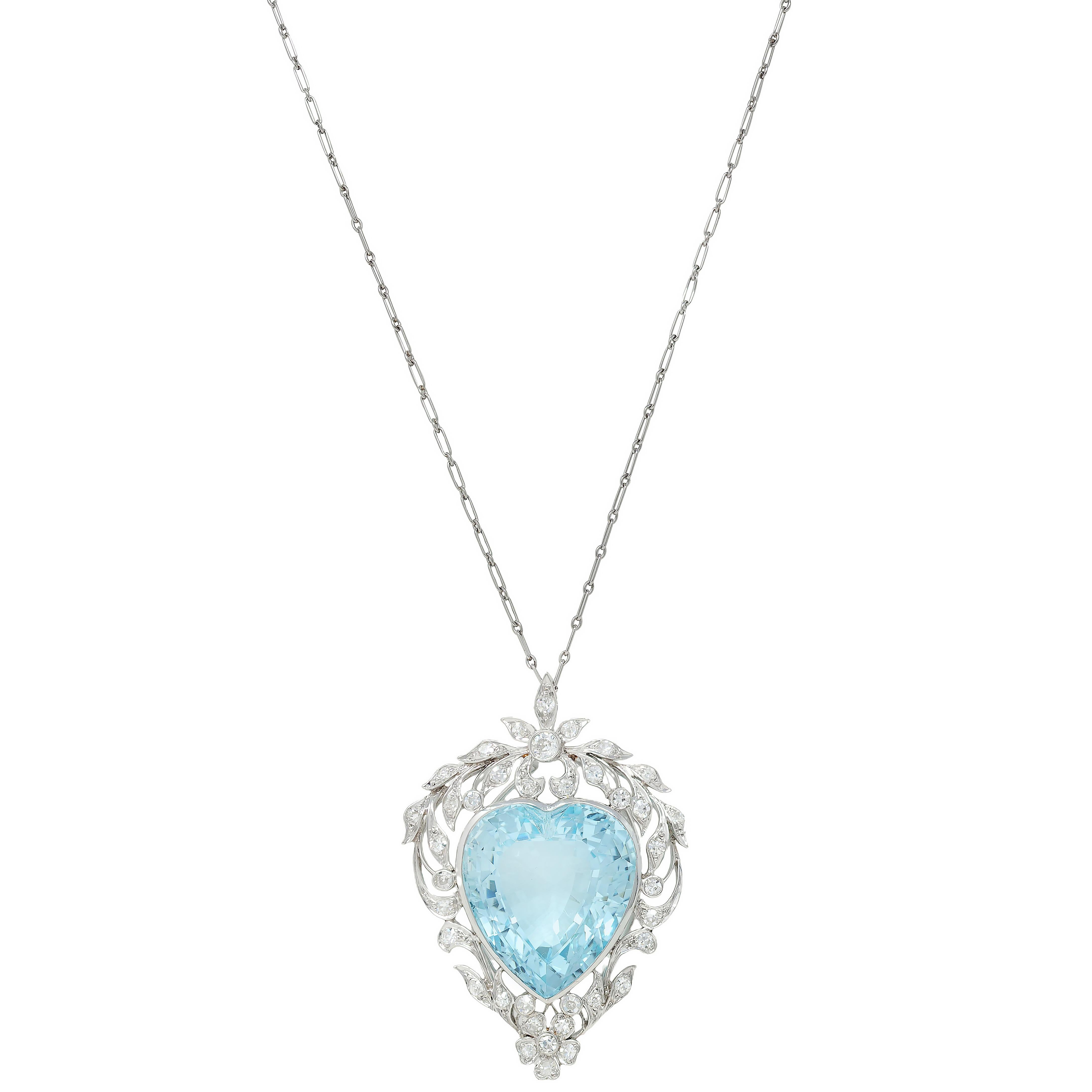 Collar Colgante Corazón Antiguo Edwardian 23.70 CTW Aguamarina Diamante Platino
