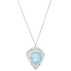 Edwardian 23.70 CTW Aquamarine Diamond Platinum Antique Heart Pendant Necklace