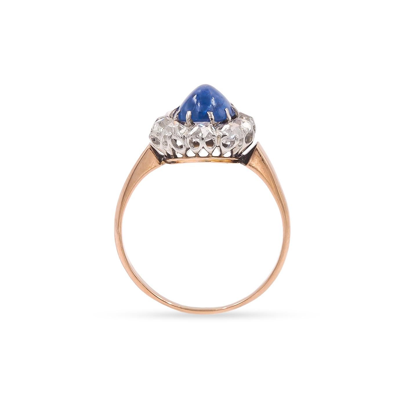 Cabochon Edwardian 2.40 Carat AGL Burma Sapphire & Old Mine Cut Diamond Cluster Ring For Sale