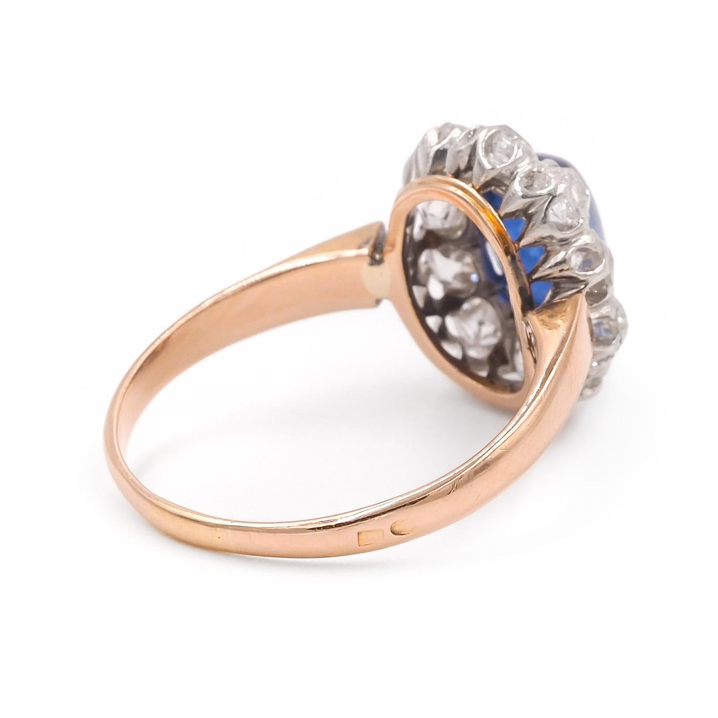 Women's Edwardian 2.40 Carat AGL Burma Sapphire & Old Mine Cut Diamond Cluster Ring For Sale