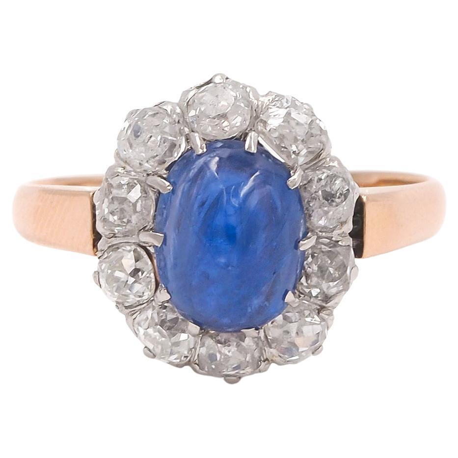 Edwardian 2.40 Carat AGL Burma Sapphire & Old Mine Cut Diamond Cluster Ring For Sale