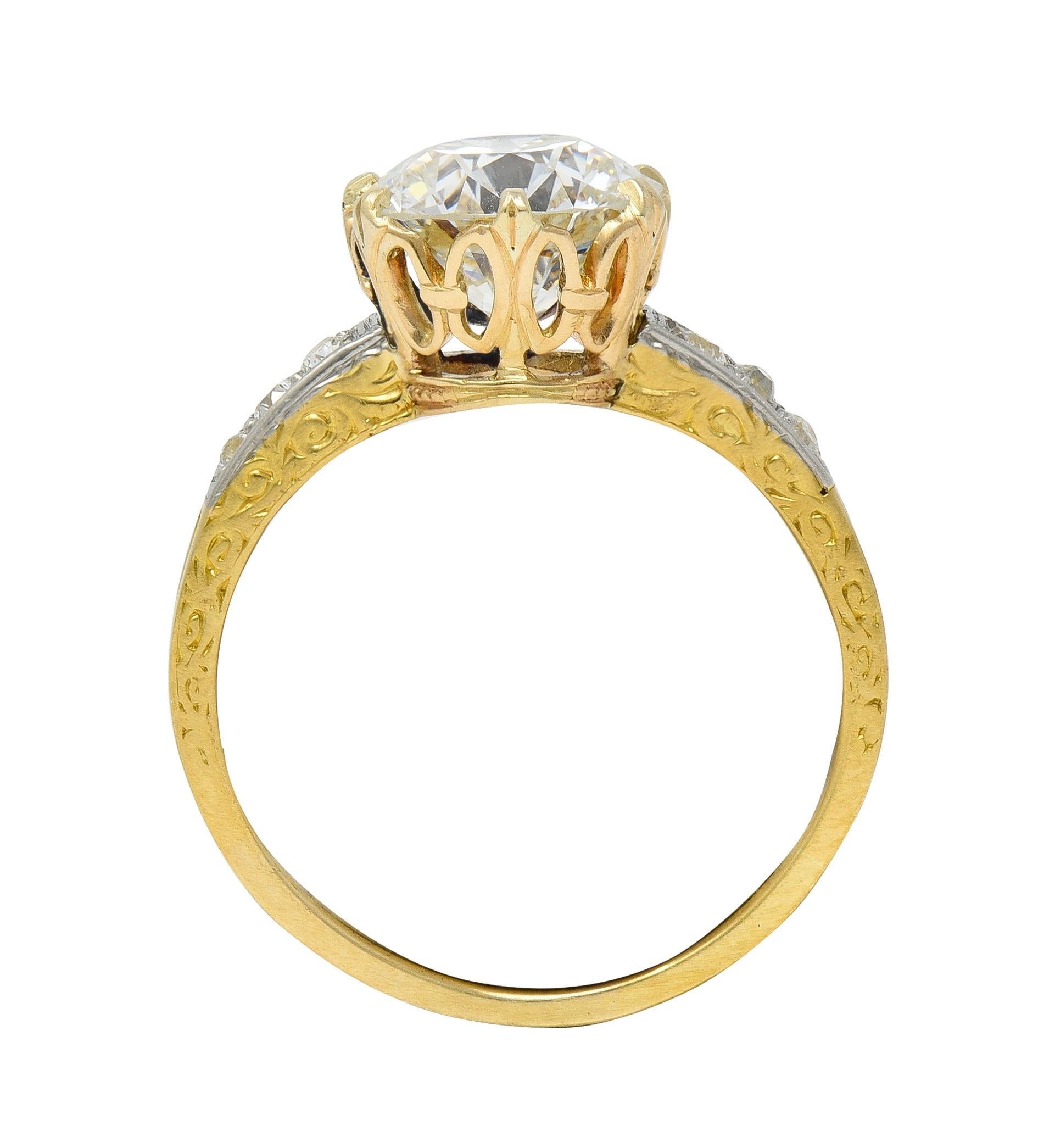Anillo de compromiso Edwardian 2.40 CTW Euro Diamond Platinum 18 Karat Gold Antique Corte europeo antiguo en venta