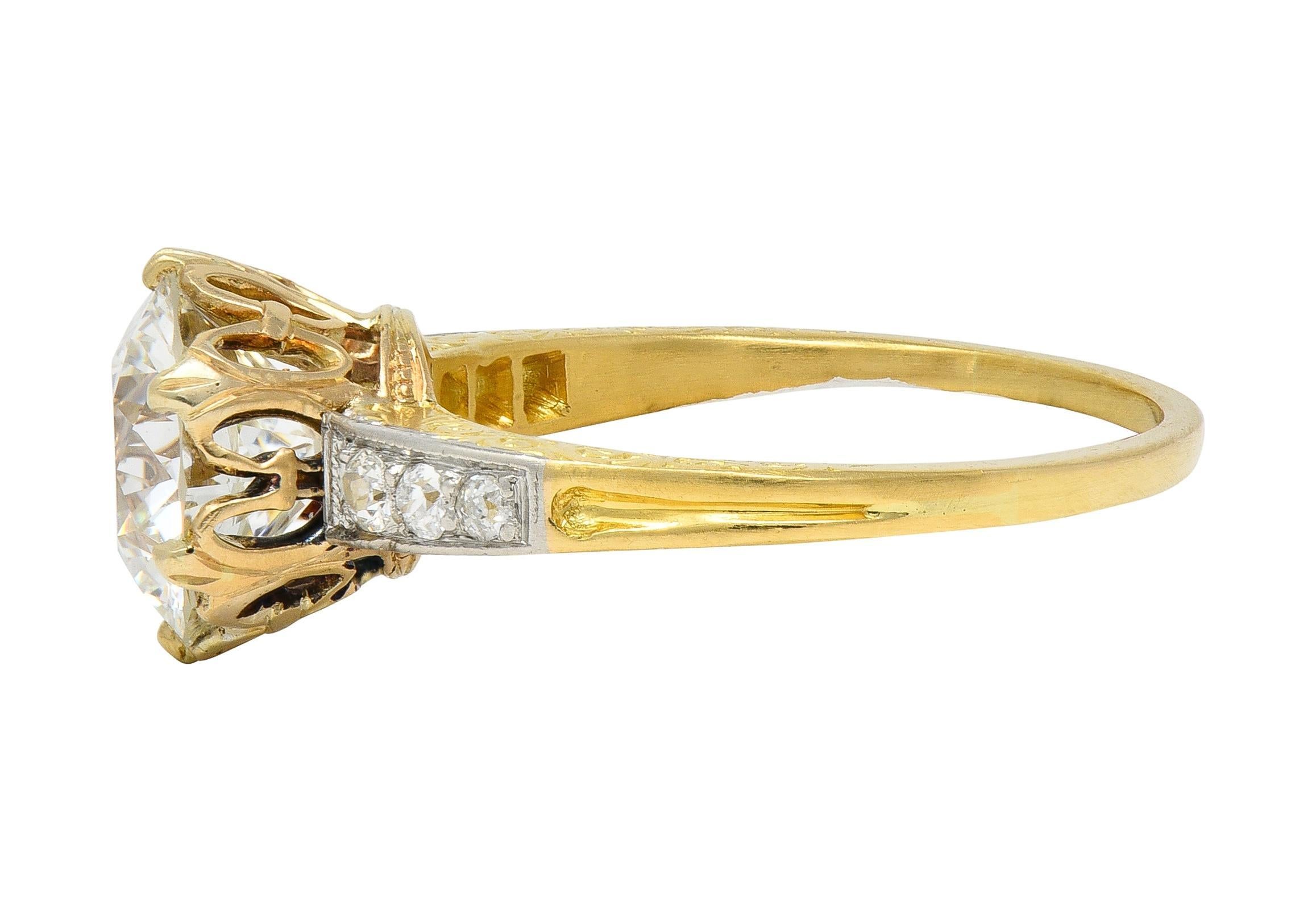 Anillo de compromiso Edwardian 2.40 CTW Euro Diamond Platinum 18 Karat Gold Antique en Excelente estado para la venta en Philadelphia, PA