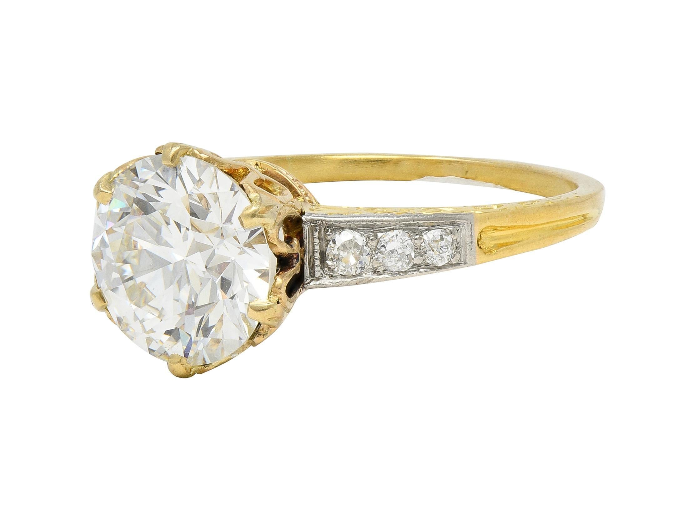 Anillo de compromiso Edwardian 2.40 CTW Euro Diamond Platinum 18 Karat Gold Antique en venta 1