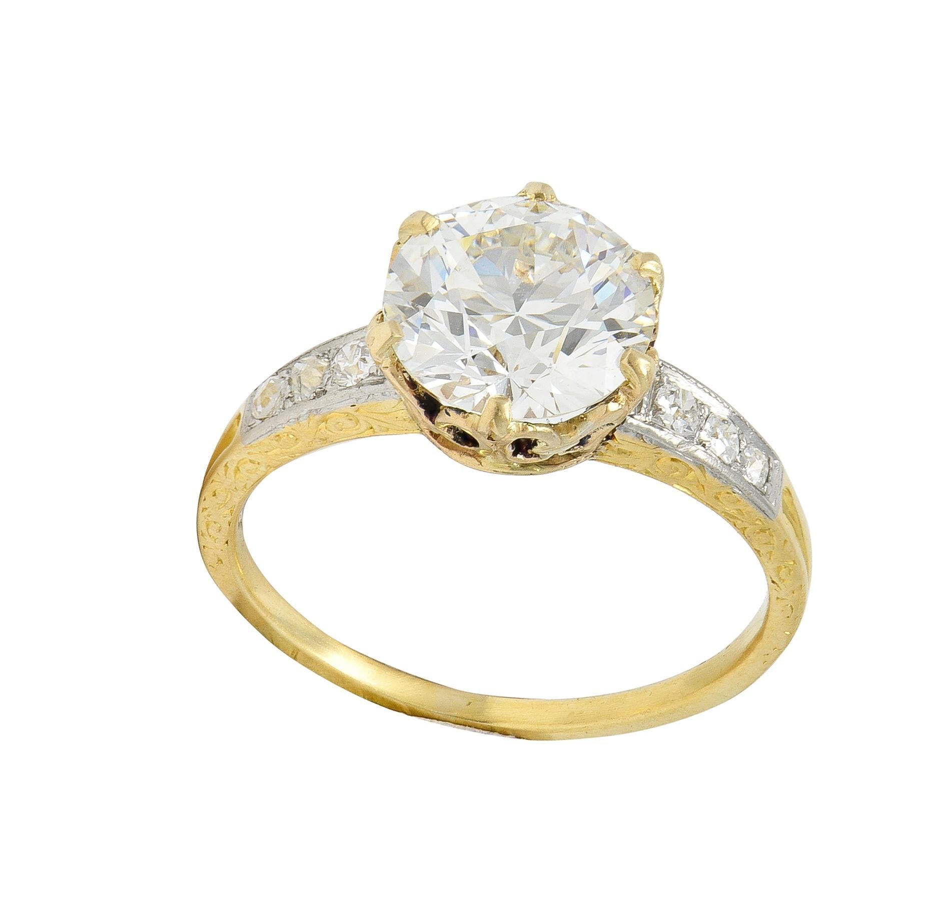 Anello di fidanzamento antico edoardiano con diamante europeo da 2,40 CTW in platino e oro 18 carati in vendita 2