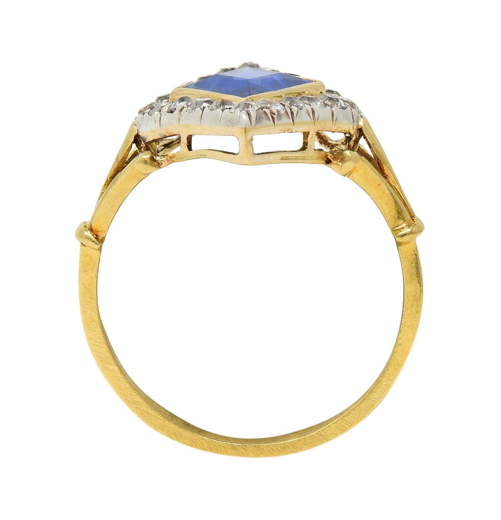 Edwardian 2.40 CTW No Heat Ceylon Sapphire Diamond Silver 18K Gold Navette Ring For Sale 5