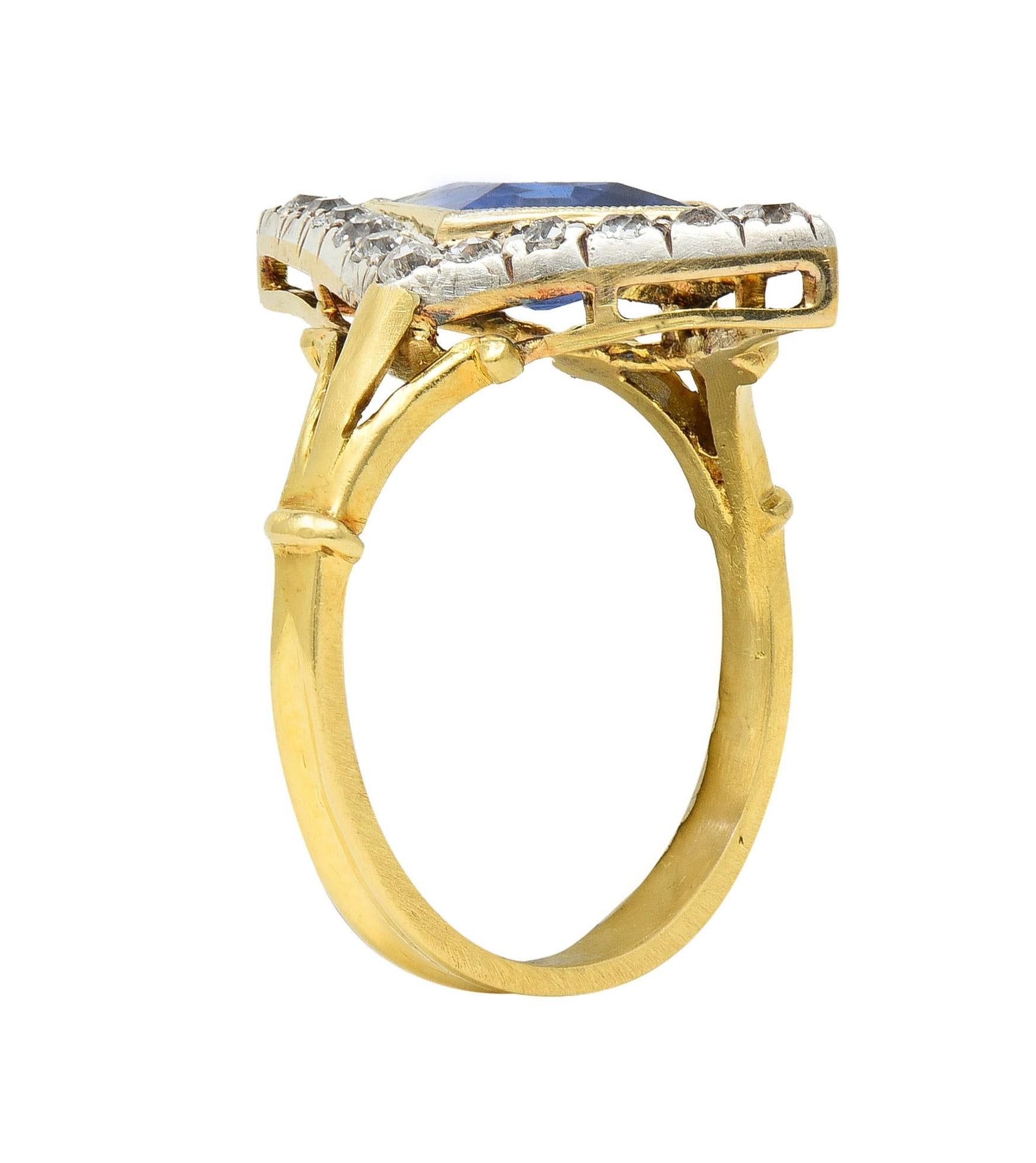 Edwardian 2.40 CTW No Heat Ceylon Sapphire Diamond Silver 18K Gold Navette Ring For Sale 4