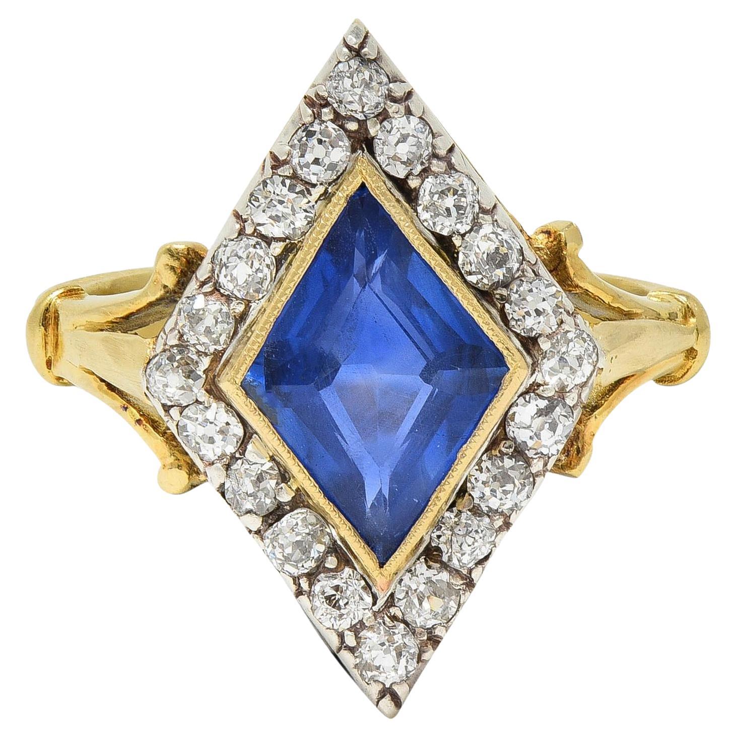 Edwardian 2,40 CTW keine Hitze Ceylon Saphir Diamant Silber 18K Gold Navette Ring