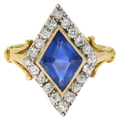 Edwardian 2,40 CTW keine Hitze Ceylon Saphir Diamant Silber 18K Gold Navette Ring