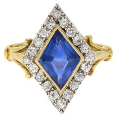 Bague navette édouardienne en or 18 carats avec saphir de Ceylan non chauffé et diamants de 2,40 carats