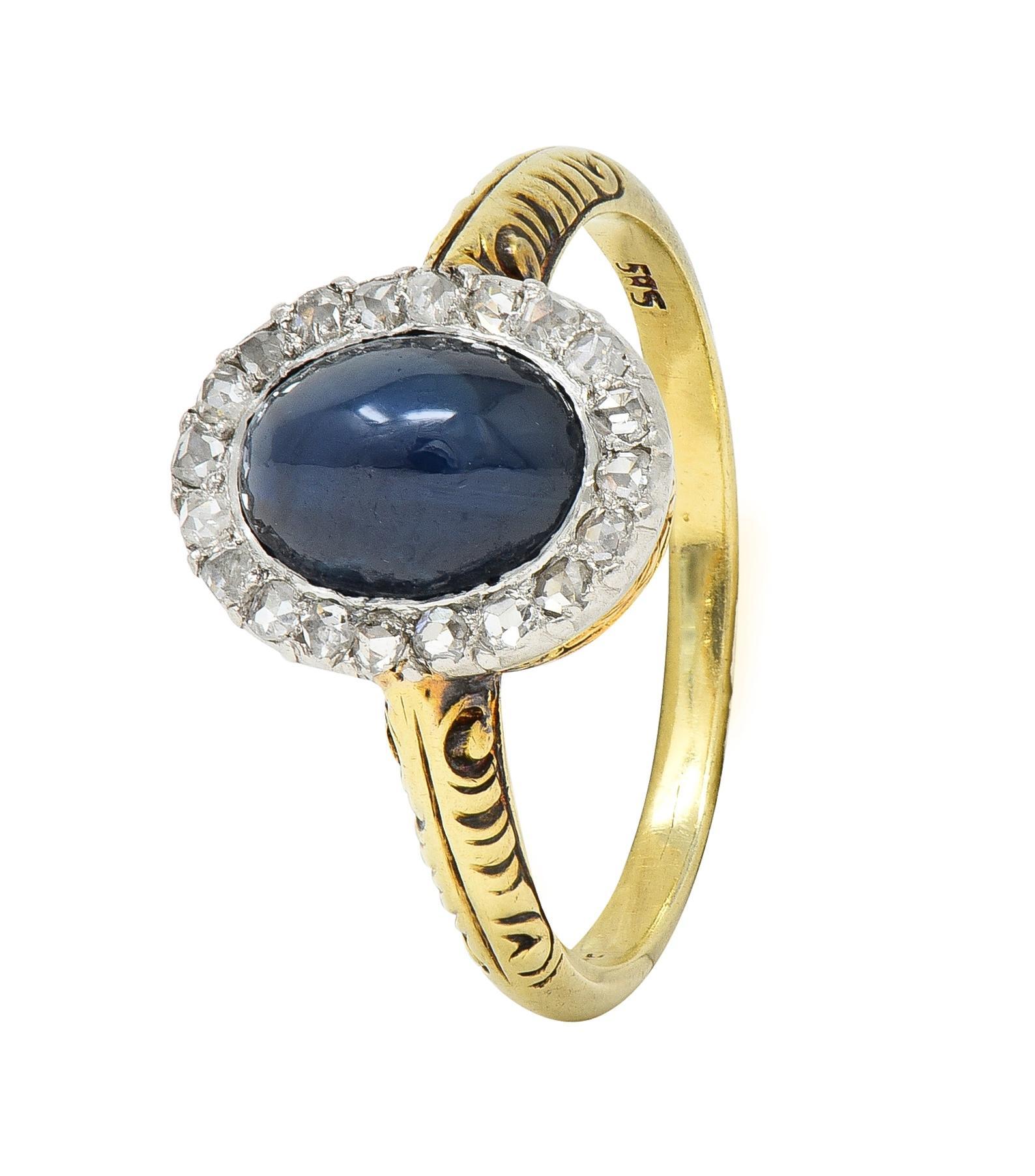 Edwardian 2.42 CTW Sapphire Cabochon Diamond Platinum 14 Karat Gold Halo Ring For Sale 6
