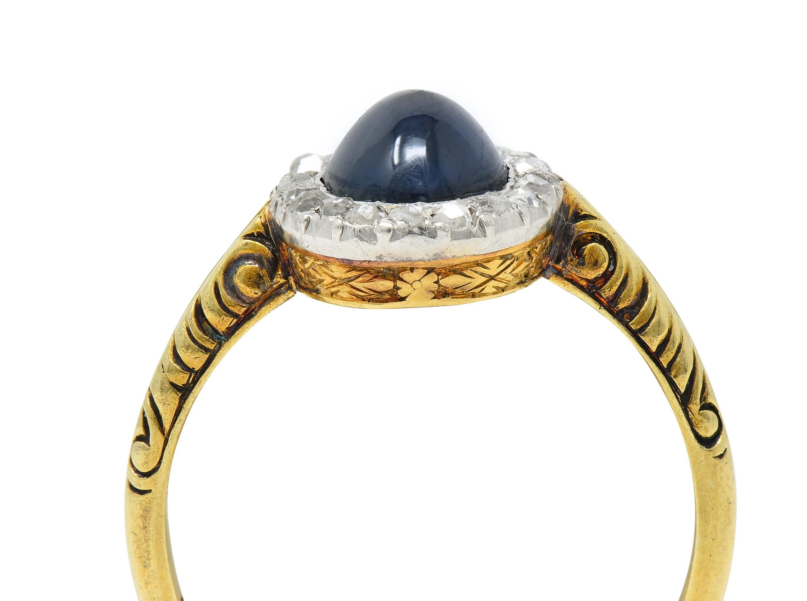 Edwardian 2.42 CTW Sapphire Cabochon Diamond Platinum 14 Karat Gold Halo Ring For Sale 7