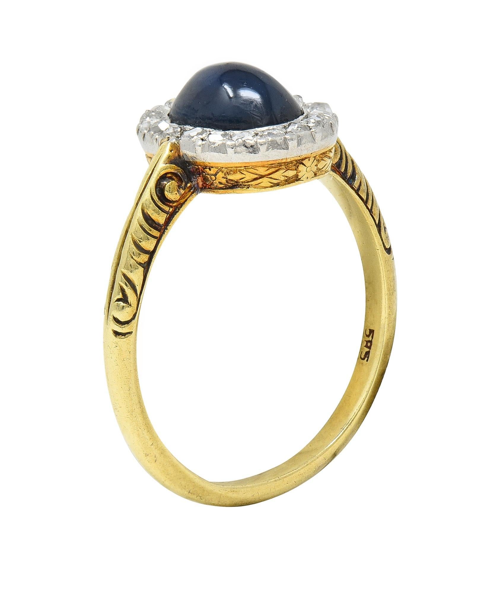 Edwardian 2.42 CTW Sapphire Cabochon Diamond Platinum 14 Karat Gold Halo Ring For Sale 8